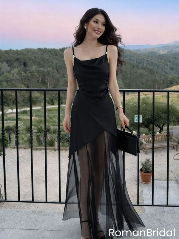 Sexy Cowl Neck Black Satin Prom Dress with Sheer Tulle A-Line Overlay Skirt,OLP2000