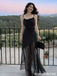 Sexy Cowl Neck Black Satin Prom Dress with Sheer Tulle A-Line Overlay Skirt,OLP2000