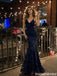 Classy Navy Blue Sequin Mermaid Prom Dress V-Neck Sleeveless Sparkly Evening Gown,OLP1928
