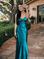 Classy Green Satin Mermaid Prom Dress Unique Ruched Bust Spaghetti Strap Formal,OLP1943