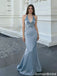 Classy Light Blue Satin Mermaid Prom Dress Sexy V-Neck Knot Detail,OLP1957