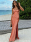 Sexy Burnt Orange Satin Prom Dress High Slit V Neck Backless Floor Length Gown,OLP2043