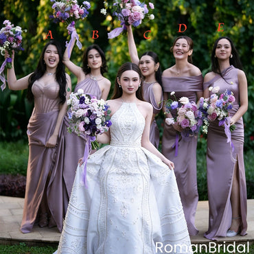 Mauve Satin Corset Bridesmaid Dress Sweetheart Neckline Ruched Slit Maxi,BG959