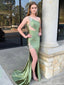 Elegant Green One-Shoulder Mermaid Long Prom Dress Ideas, Evening Party Dresses, OLP1634