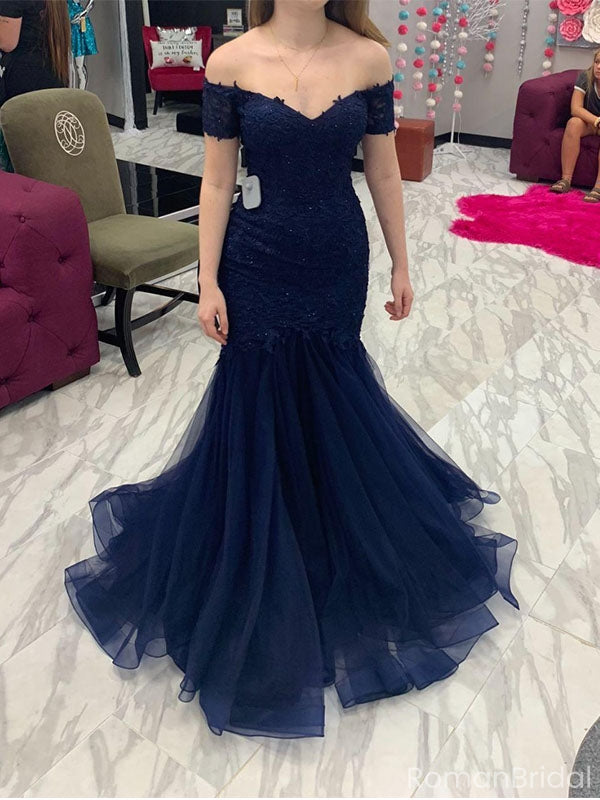 Sexy Navy Blue Off-Shoulder Mermaid  Long Prom Dress Ideas, Evening Party Dresses, OLP1406
