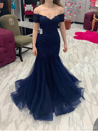 Sexy Navy Blue Off-Shoulder Mermaid  Long Prom Dress Ideas, Evening Party Dresses, OLP1406