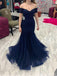 Sexy Navy Blue Off-Shoulder Mermaid  Long Prom Dress Ideas, Evening Party Dresses, OLP1406