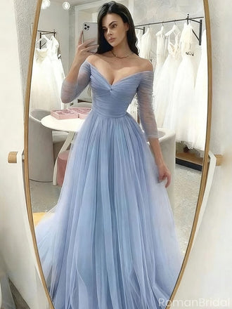 Elegant Blue V-Neck Long Sleeve A-Line Long Prom Dress Ideas, Evening Party Dresses, OLP1301