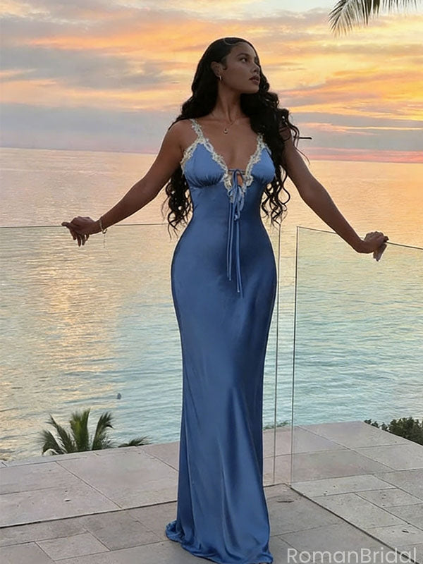 Classy Lace Blue Silk Slip Dress V-Neck Sexy Backless Prom Night Gown,OLP1854