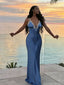 Classy Lace Blue Silk Slip Dress V-Neck Sexy Backless Prom Night Gown,OLP1854