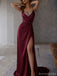 Classy Satin Ball Gown Beaded V-Neck Sleeveless High Slit Party Dress,OLP1832