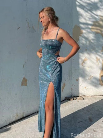 Shiny Blue Spaghetti Strap Mermaid Side Slit Long Prom Dress Ideas, Evening Party Dresses, OLP1368