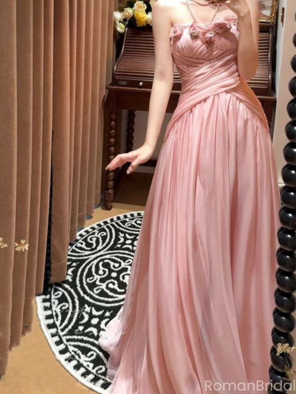 Floral Pink Sweetheart A-Line Long Prom Dress Ideas, Evening Party Dresses, OLP1607