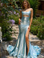 Unique Blue Spaghetti Strap Mermaid Side Slit Long Prom Dress Ideas, Evening Party Dresses, OLP1525