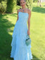 Classy Blue Strapless Ruched Chiffon Prom Dress Tiered Ruffle Formal Maxi Gown,OLP1844