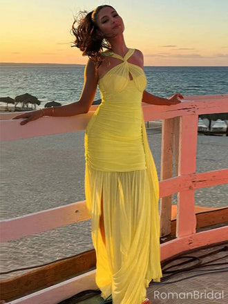 Unique Yellow Sweetheart Mermaid Side Slit Long Prom Dress Ideas, Evening Party Dresses, OLP1355