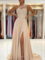 Elegant Champagne One-Shoulder A-Line Long Prom Dress Ideas, Evening Party Dresses, OLP1418