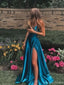 Popular Blue Spaghetti Strap Mermaid Side Slit Long Prom Dress Ideas, Evening Party Dresses, OLP1646