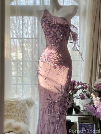 Elegant Pink One-Shoulder Mermaid Long Prom Dress Ideas, Evening Party Dresses, OLP1315