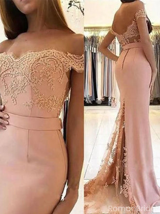 Elegant Pink Lace Off-Shoulder Mermaid Long Prom Dress Ideas, Evening Party Dresses, OLP1337
