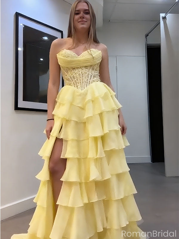 Unique Yellow Tiered Ruffle Prom Dress Strapless Corset Bodice Tulle Ball Gown with Slit, OLP1703