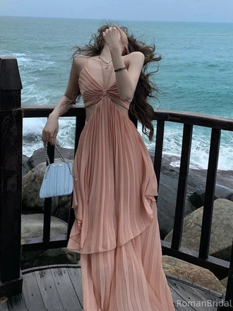 Unique Pink Spaghetti Strap A-Line Long Prom Dress Ideas, Evening Party Dresses, OLP1579