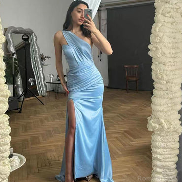 Elegant One Shoulder Mermaid Side Slit Long Bridesmaid Dresses Online, BG430