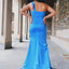 Elegant One Shoulder Blue Satin Mermaid Side Slit Long Bridesmaid Dresses Online, BG436