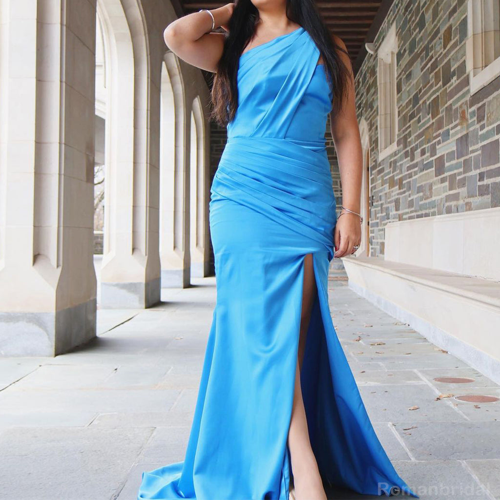 Elegant One Shoulder Blue Satin Mermaid Side Slit Long Bridesmaid Dresses Online, BG436