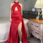 Sexy Halter Red Satin Mermaid Side Slit Long Bridesmaid Dresses Online, BG438