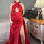 Sexy Halter Red Satin Mermaid Side Slit Long Bridesmaid Dresses Online, BG438