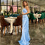 Simple Straps One Shoulder Mermaid Sky Blue Satin Long Bridesmaid Dresses Online, BG442