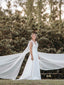 Elegant V-neck A-line Backless Satin Tulle White Wedding Dresses, WD0543
