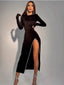 Elegant Long Sleeves Mermaid Black Velvet Long Prom Dresses with Side Slit, OL002