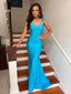 Sexy Spaghetti Straps V-neck Mermaid Blue Prom Dresses Online, OL004