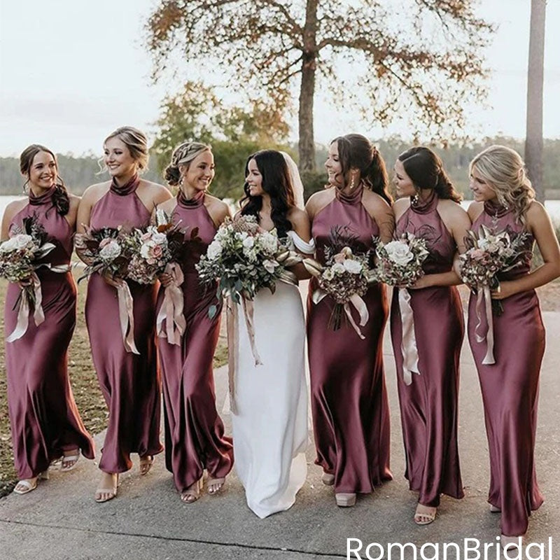 Simple Halter Mermaid Backless Plum Floor Length Bridesmaid Dresses On –  RomanBridal