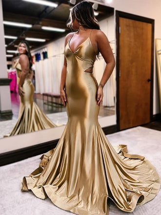 New Arrival Spaghetti Straps V-neck Cross Back Mermaid Prom Dresses, OL008