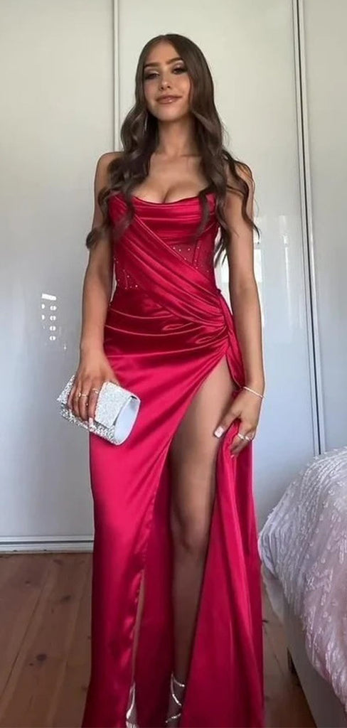 Gorgeous Red Sweetheart Memaid Side Slit Long Prom Dress Ideas, Evening Party Dresses OLP1151
