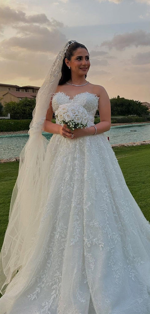 Elegant White Sweetheart Sleeveless A-Line Long Wedding Dresses With Sweep Trailing,WD0556