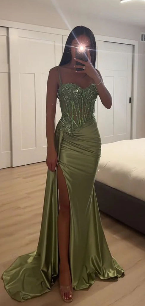 Sexy Green Spaghetti Strap Sleeveless Mermaid Side Slit Long Prom Dress Ideas, Evening Party Dresses OLP1152