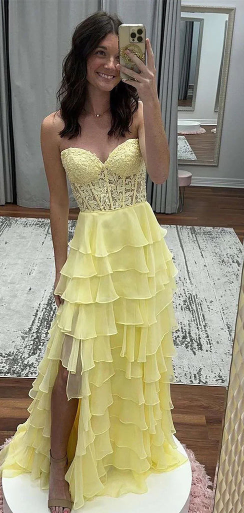 Elegant Yellow Sweetheart Lace Side Slit Long Prom Dress Ideas, Evening Party Dresses ,OLP1160