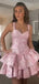 Cute Pink Spaghetti Strap A-Line Short Satin Homecoming Dresses For Party,  HD1138