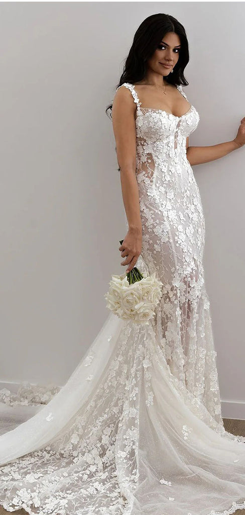 Elegant White Sweetheart Lace Mermaid Long Wedding Dresses With Sweep Trailing,WD0559