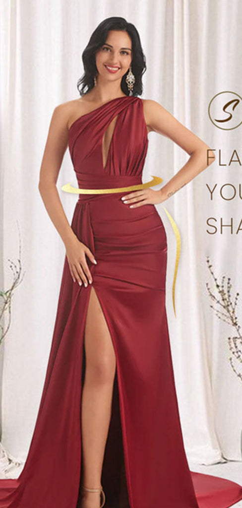 Elegant Red One Shoulder Mermaid Side Slit Long Prom Dress Ideas, Evening Party Dresses ,OLP1161