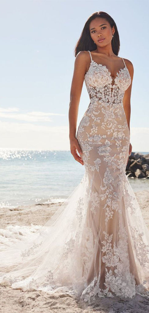 Sexy White Spaghetti Strap Lace Mermaid Long Wedding Dresses With Sweep Trailing,WD0558