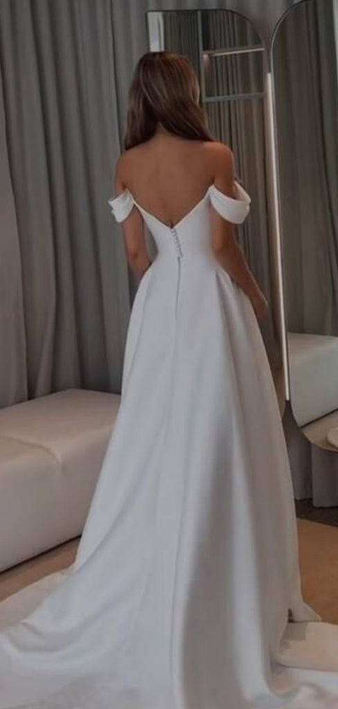 Elegant White Off-Shoulder A-Line Long Wedding Dresses With Sweep Trailing,WD0557