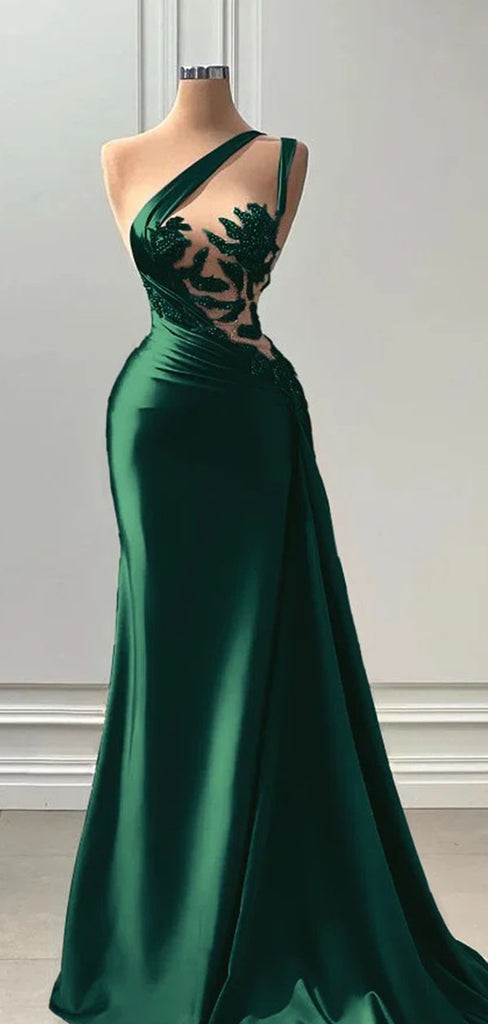 Elegant Green One-Shoulder Mermaid Long Prom Dress Ideas, Evening Party Dresses ,OLP1166