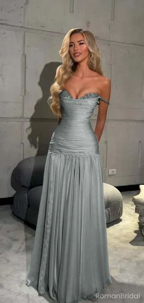 Sexy Sage Blue Ruched Prom Dress Off-the-Shoulder Floor Length Chiffon Pleated Evening Gown ,OLP1742