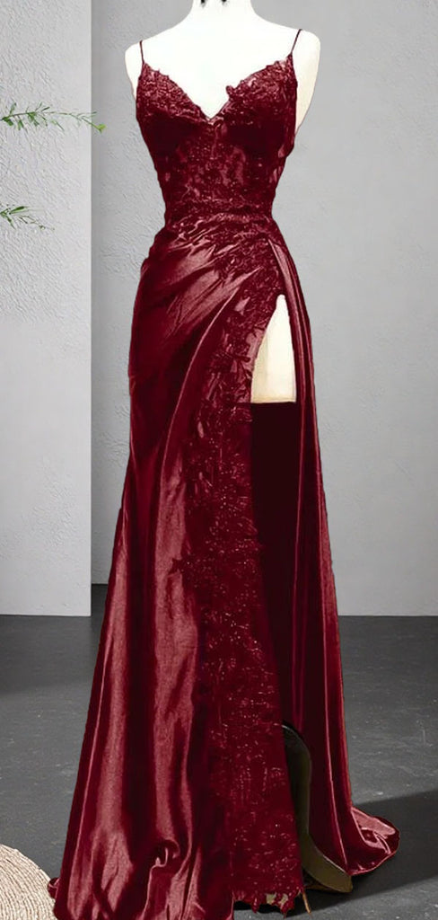 Gorgeous Red Spaghetti Strap Mermaid Side Slit Long Prom Dress Ideas, Evening Party Dresses , OLP1157