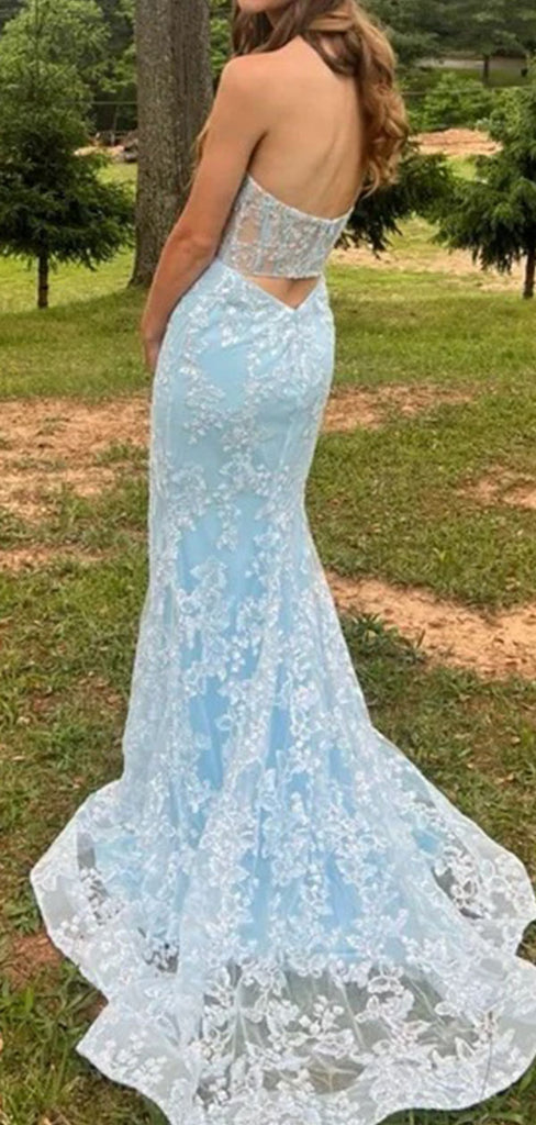 Elegant Blue Sweetheart Mermaid Lace Side Slit Long Prom Dress Ideas, Evening Party Dresses ,OLP1159